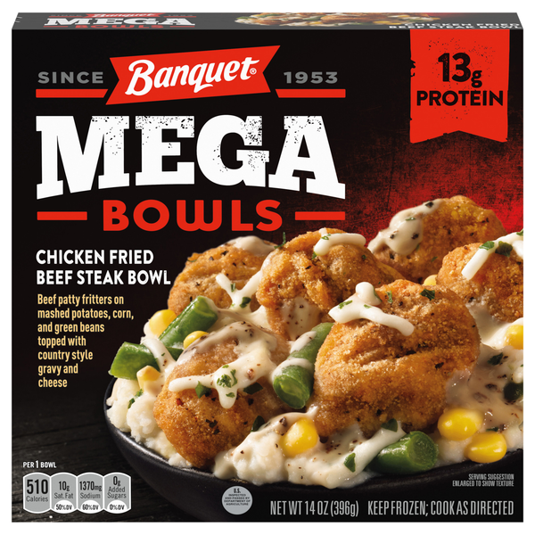 Banquet MEGA Bowls Chicken Fried Beef Steak Protein Frozen Meal