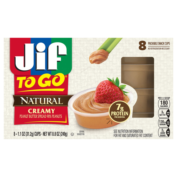 Jif To Go Natural Creamy Peanut Butter Portable Snack Cups - 8 ct