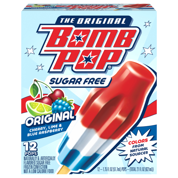 Bomb Pop Sugar Free Original Cherry Lime & Blue Raspberry Ice Pops - 12 ct