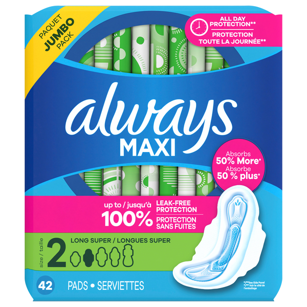 Always Maxi Size 2 Unscented Long Super Pads with Wings