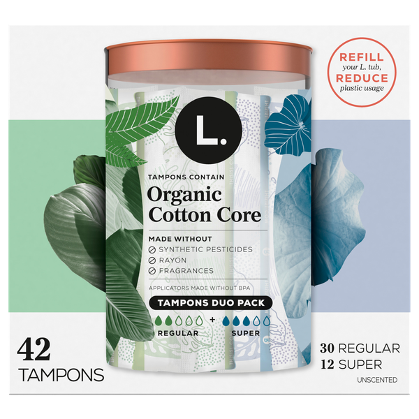 L. 100% Organic Cotton Core Unscented Regular + Super Tampons
