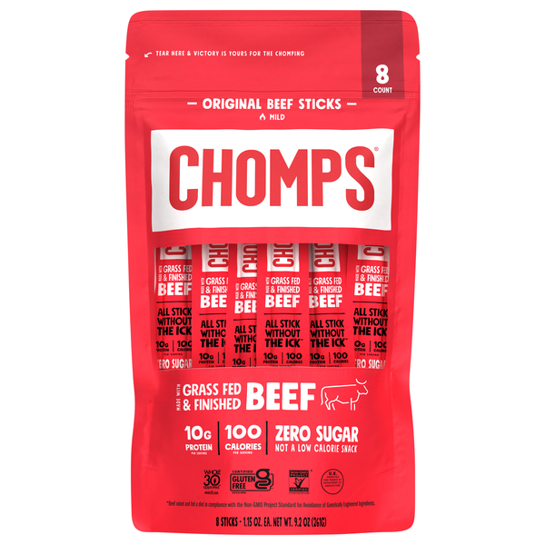 Chomps Zero Sugar Mild Original 10g Protein Grass-Fed Beef Stick - 8 ct