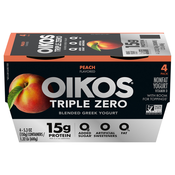 Oikos Triple Zero 15g Protein Non Fat Peach Blended Greek Yogurt Cup 4 ct
