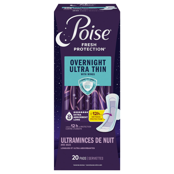 Poise Fresh Protection Extra Absorbent Overnight Ultra Thin Pads w/Wings