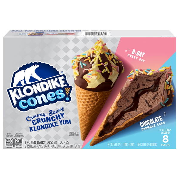Klondike Cones! Birthday Cake & Chocolate Crumble Dairy Dessert - 8 ct