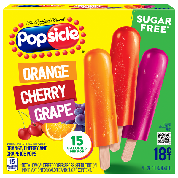 Popsicle Sugar Free Orange Cherry Grape Ice Pops - 18 ct