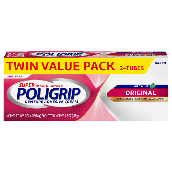 Super Poligrip Zinc Free Original Mild Mint Denture Adhesive Cream - 2 ct