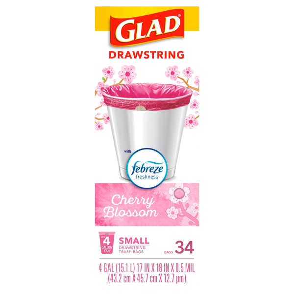 Glad OdorShield Small Drawstring Febreze Cherry Blossom Trash Bags 4 Gal