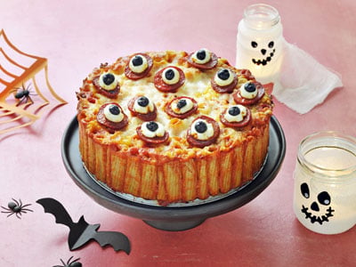 Rigatoni Pepperoni Pie with Eyeballs