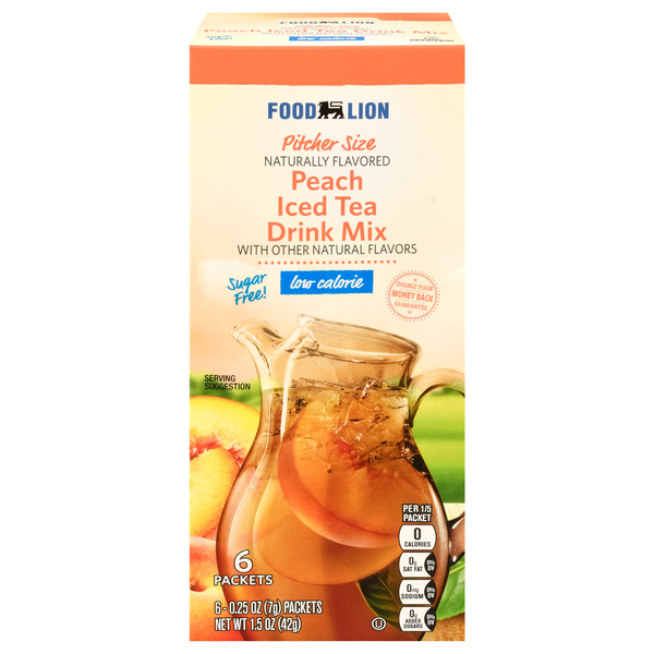Food Lion Sugar Free Peach Iced Tea Drink Mix Pitcher Size - 6 ct