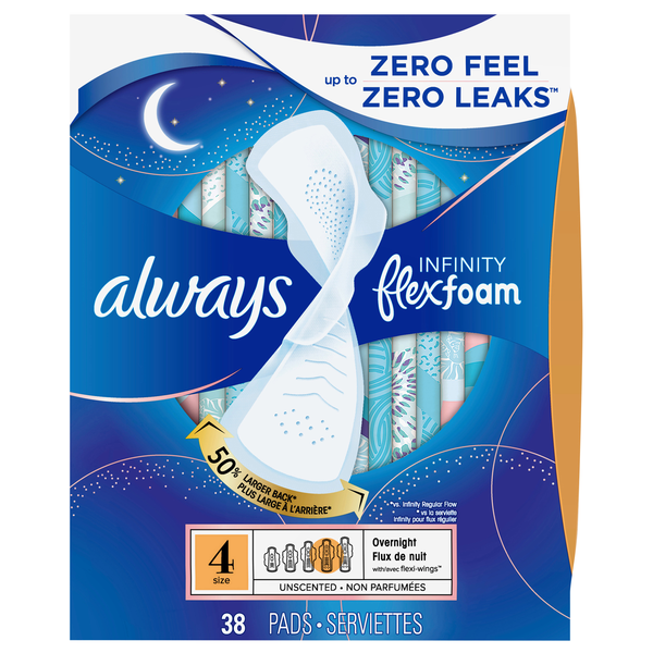 Always Infinity Size 4 Unscented Overnight Pads with Wings
