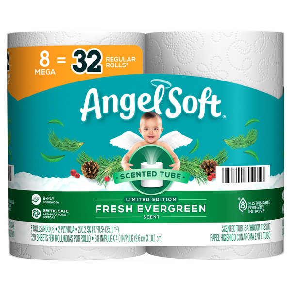 Angel Soft Mega Roll 2-Ply Toilet Paper Scented Tube Fresh Evergreen
