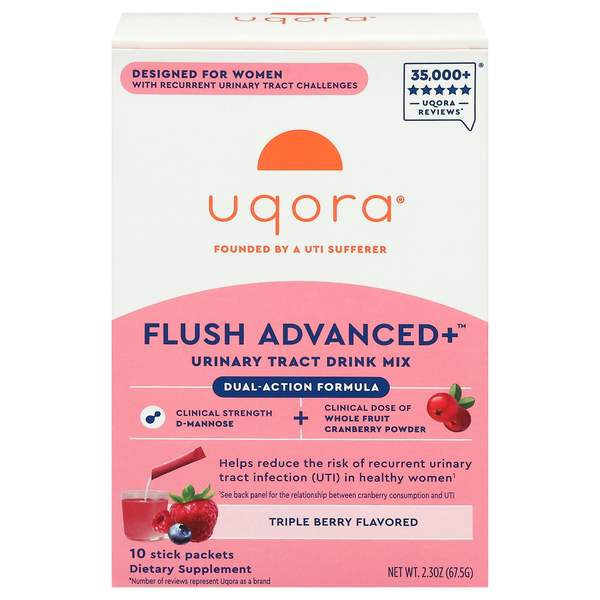 Uqora Flush Advanced+ Triple Berry Flavor Urinary Tract Drink Mix - 12 ct