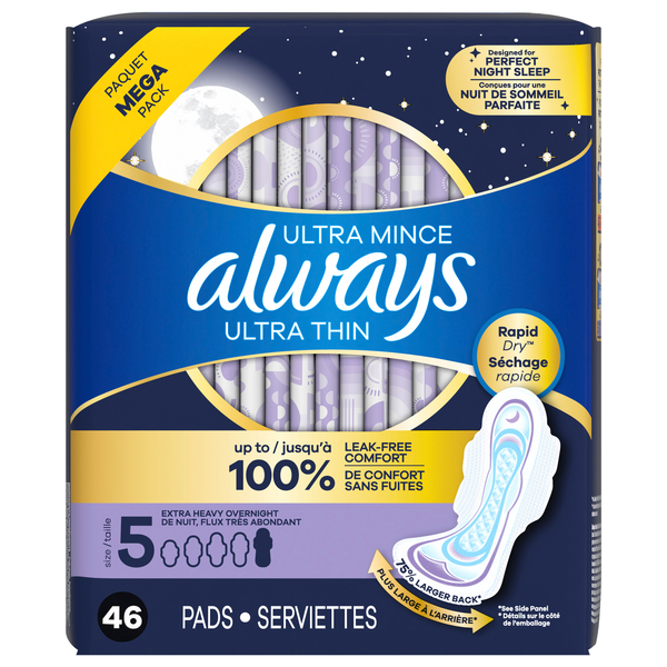 Always Ultra Thin Size 5 Unscented Extra Heavy Overnight Pads with Wings