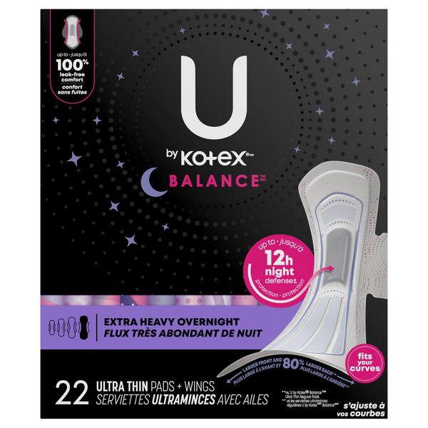 U by Kotex Balance Extra Heavy Overnight Ultra Thin Pads with Wings
