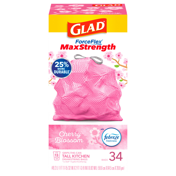 Glad ForceFlex Cherry Blossom Tall Kitchen Drawstring Bags 13 Gallon