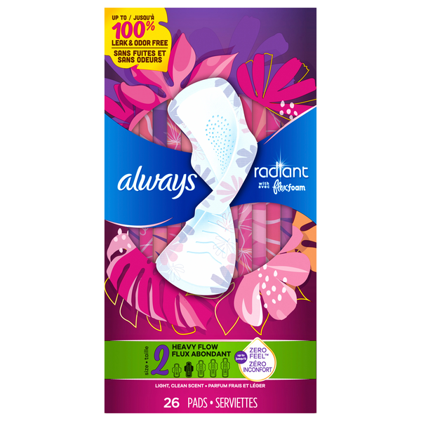 Always Radiant Size 2 Light Clean Scent Heavy Flow Pads with Wings