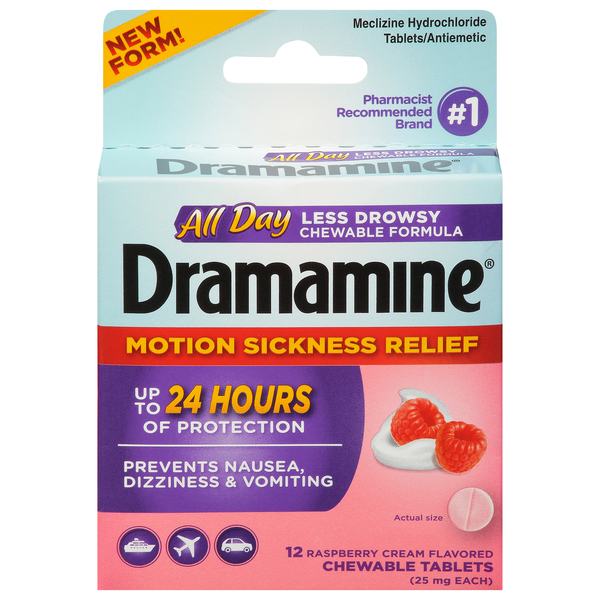 Dramamine 25 mg Motion Sickness Raspberry Cream Flavored Chewable Tablets