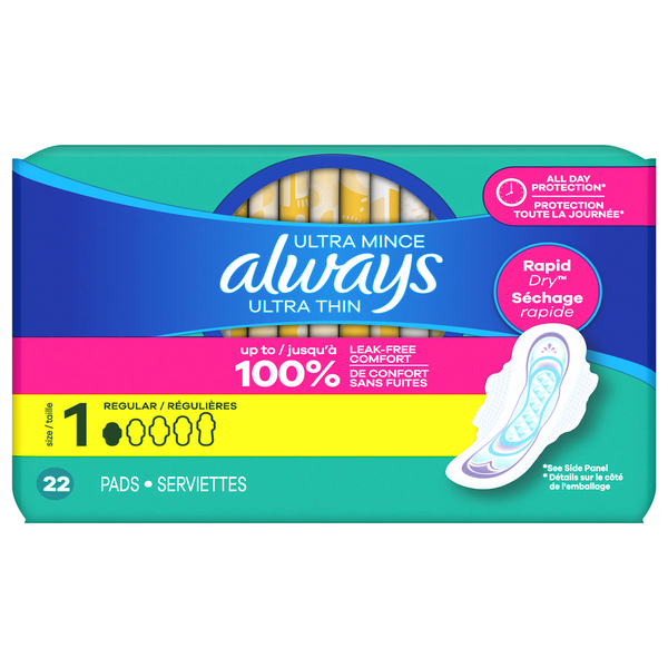Always Ultra Thin Size 1 Unscented Regular Pads with Wings