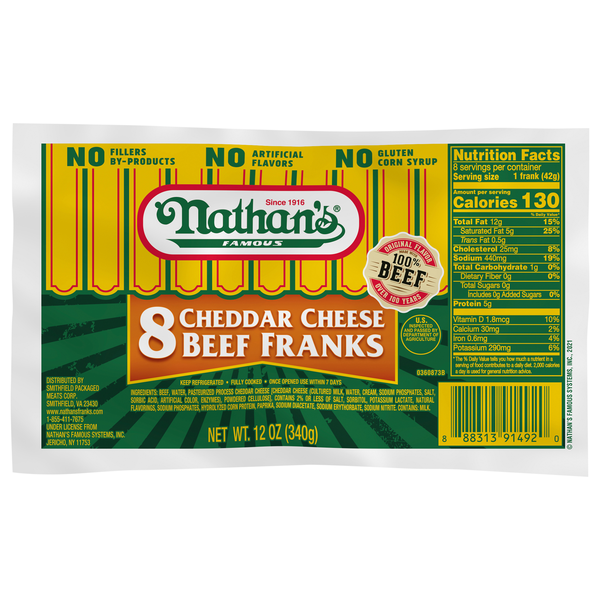 Nathan's Famous Cheddar Cheese Beef Franks - 8 ct