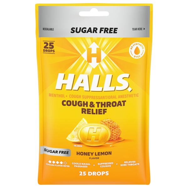 Halls Sugar Free Honey Lemon Menthol Cough & Throat Relief Drops