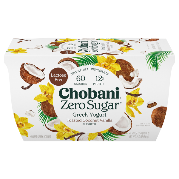 Chobani Zero Sugar Non Fat Toasted Coconut Vanilla Greek Yogurt Cup - 4 ct