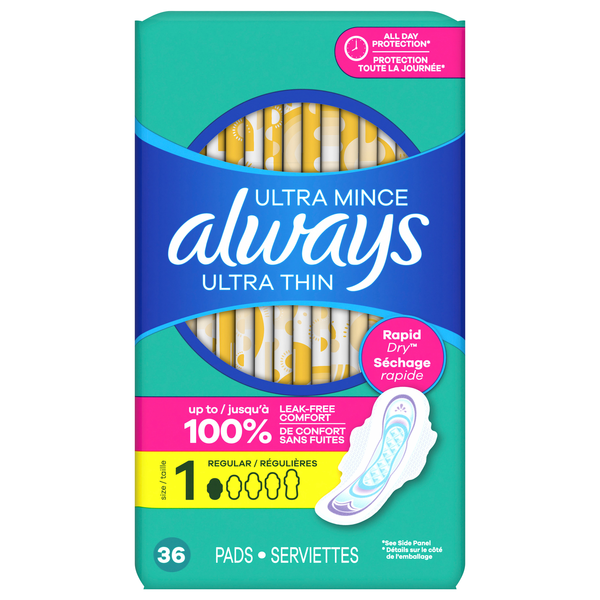 Always Ultra Thin Size 1 Unscented Regular Pads with Wings