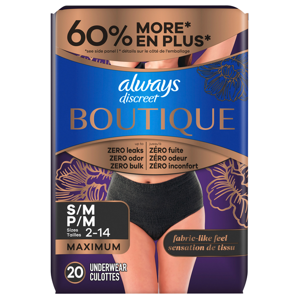 Always Women's Discreet Incontinence Underwear Black Maximum S/M 2-14