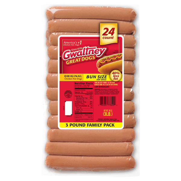 Gwaltney Great Dogs Original Bun Size Chicken Hot Dogs - 24 ct