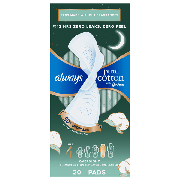 Always Pure Cotton Size 4 Unscented Overnight Pads with Wings