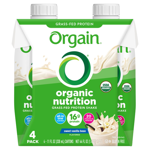 Orgain Organic Grass-fed Sweet Vanilla Bean 16g Nutritional Shakes - 4 pk