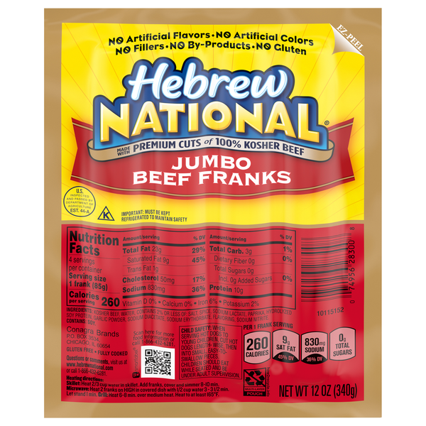 Hebrew National 100% Kosher Jumbo Beef Franks - 4 ct