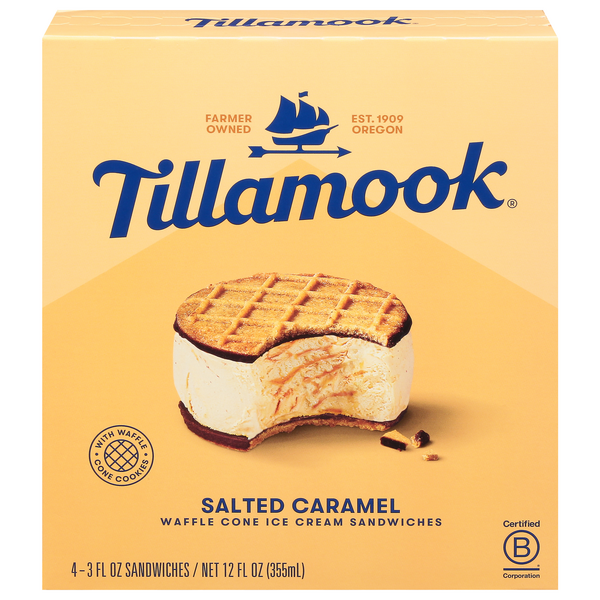 Tillamook Salted Caramel Waffle Cone Ice Cream Sandwiches - 4 ct