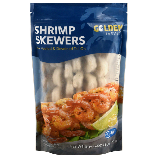 Golden Harvest Raw Peeled & Deveined Tail On Shrimp Skewers Frozen
