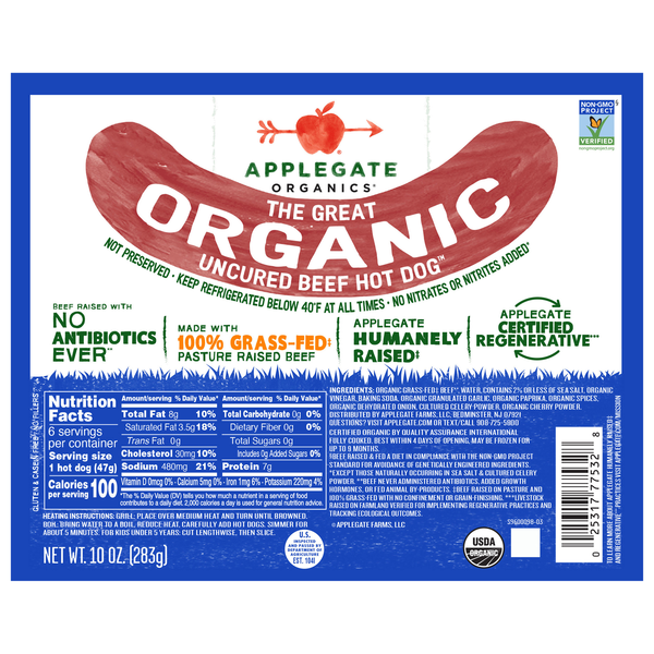 Applegate The Great Organic Grass-fed Uncured Beef Hot Dogs - 6 ct