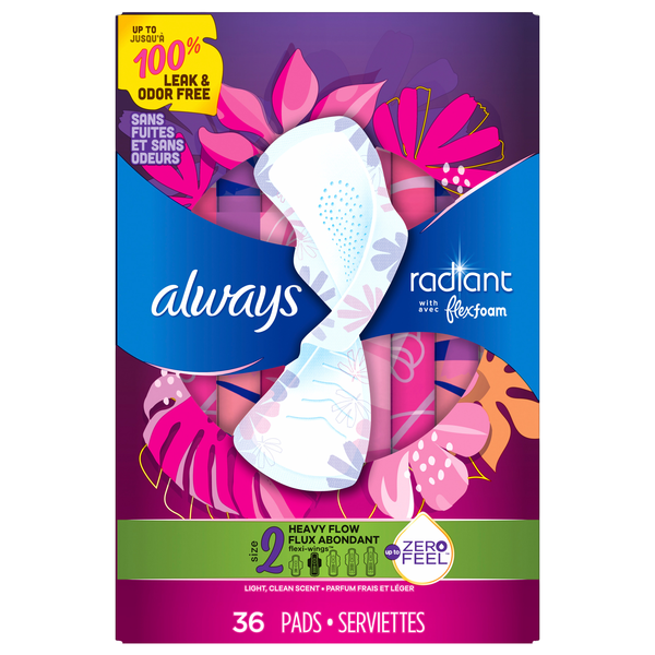 Always Radiant Size 2 Light Clean Scent Heavy Flow Pads with Wings