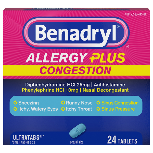 Benadryl Allergy + Congestion Relief Antihistamine Decongestant Tablets