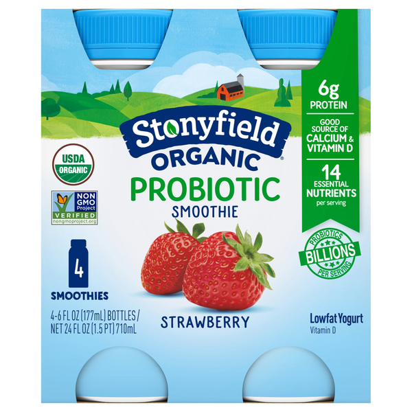 Stonyfield Organic Probiotic Low Fat Strawberry Yogurt Smoothies - 4 ct