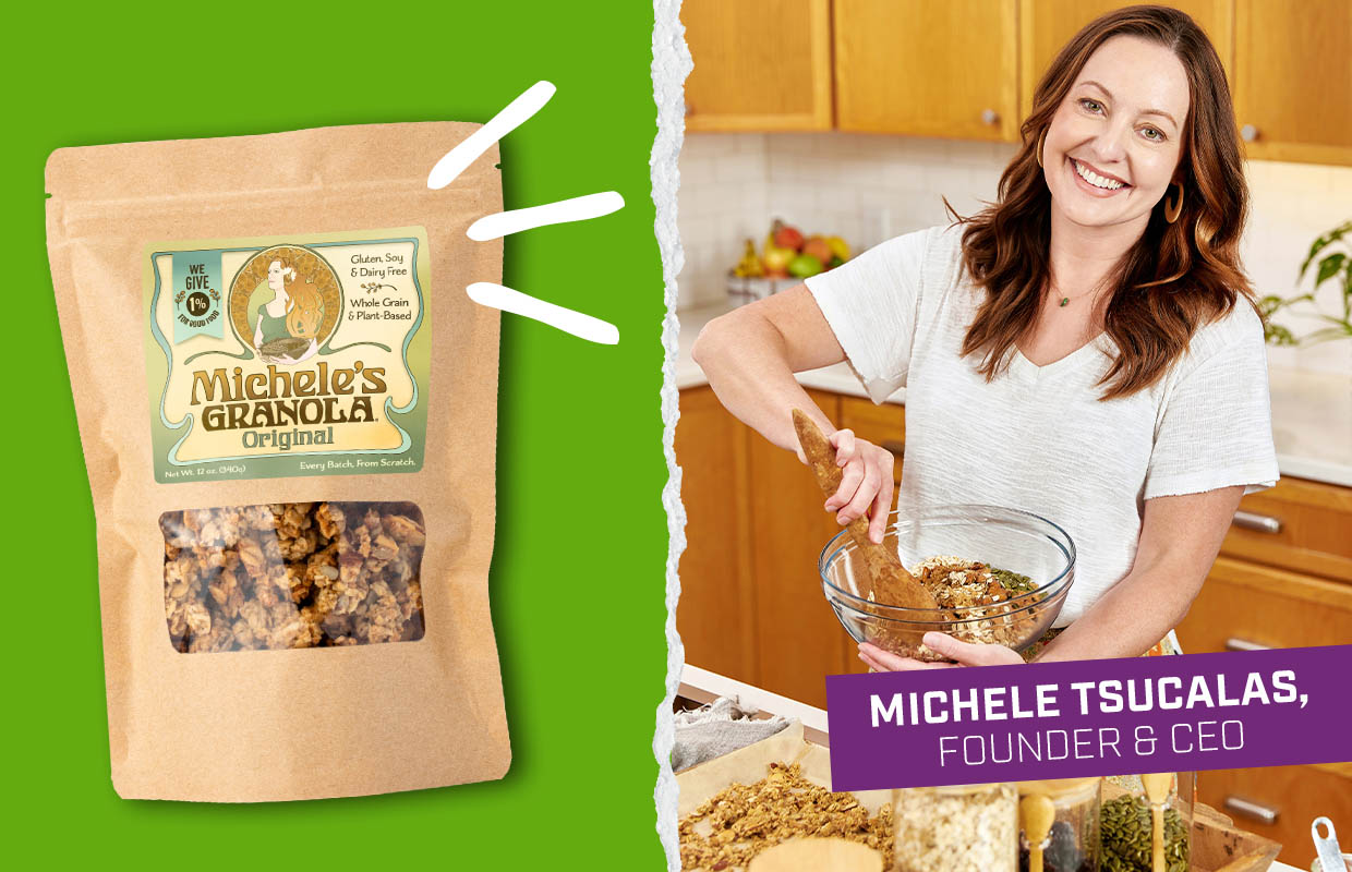 “Split promotional image showing a bag of Michele’s Granola on a green background beside a kitchen scene of the founder mixing granola, with on‑image text reading ‘Michele Tsucalas, Founder & CEO.’”