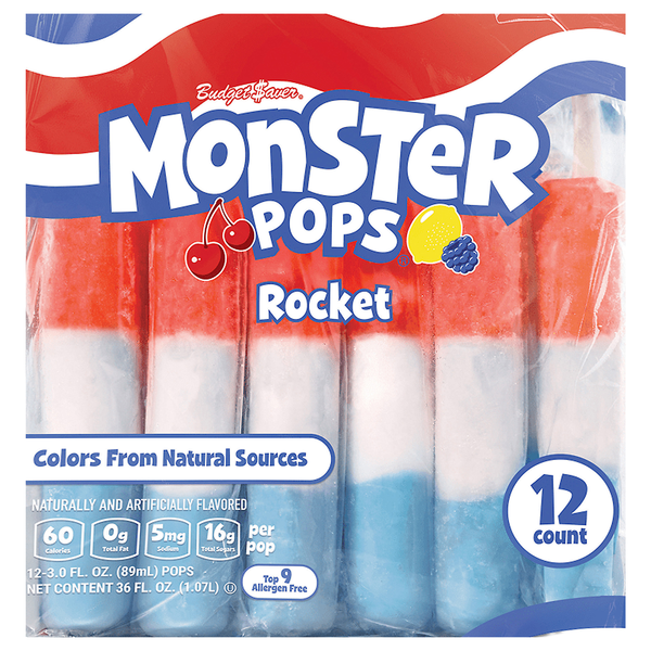 Budget Saver Monster Pops Rocket Blue Rasp Lemon Cherry Ice Pops 12 ct