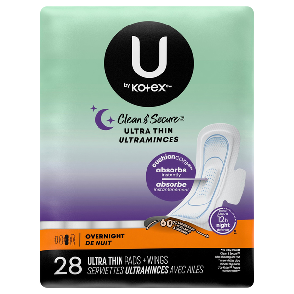 U by Kotex Clean & Secure Overnight Ultra Thin Maxi Pads with Wings