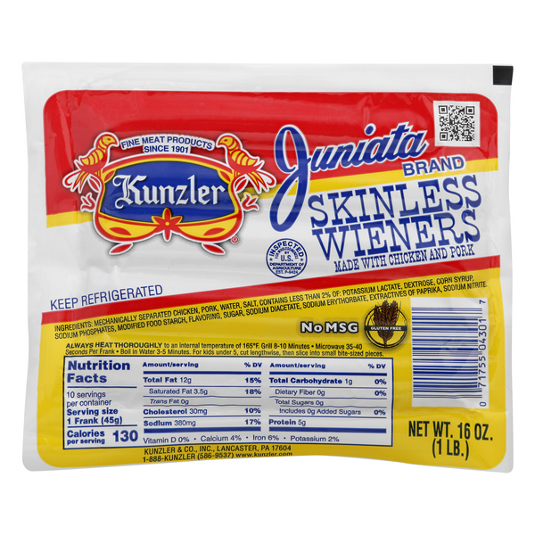 Kunzler Juniata Brand Skinless Chicken & Pork Wieners - 10 ct
