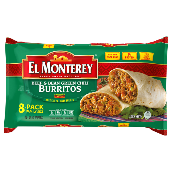 El Monterey Beef & Bean Green Chili Burritos Family Pack - 8 ct Frozen