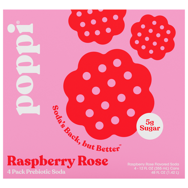 Poppi Raspberry Rose Prebiotic Soda - 4 pk