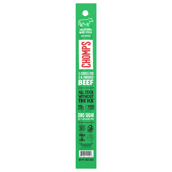 Chomps Zero Sugar Medium Jalapeno 9g Protein Grass-Fed Beef Stick