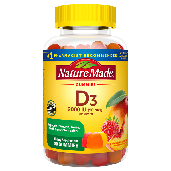 Nature Made Vitamin D3 50 mcg Supplement Gummies Strawberry Peach Mango