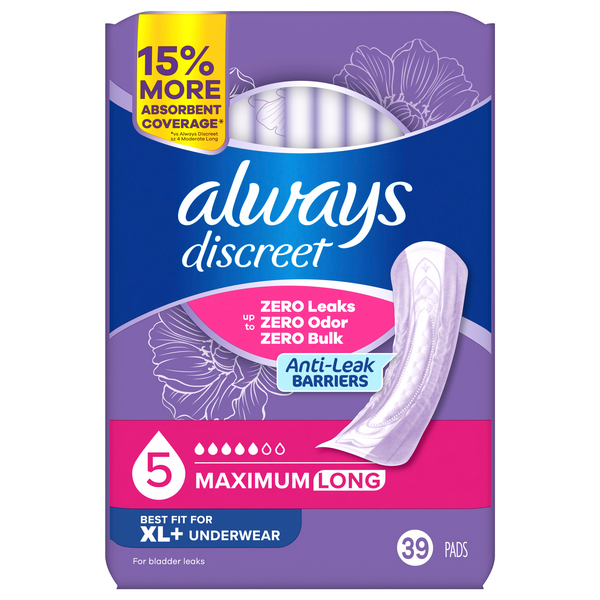 Always Discreet Womens Size 5 Incontinence Pads Maximum Long