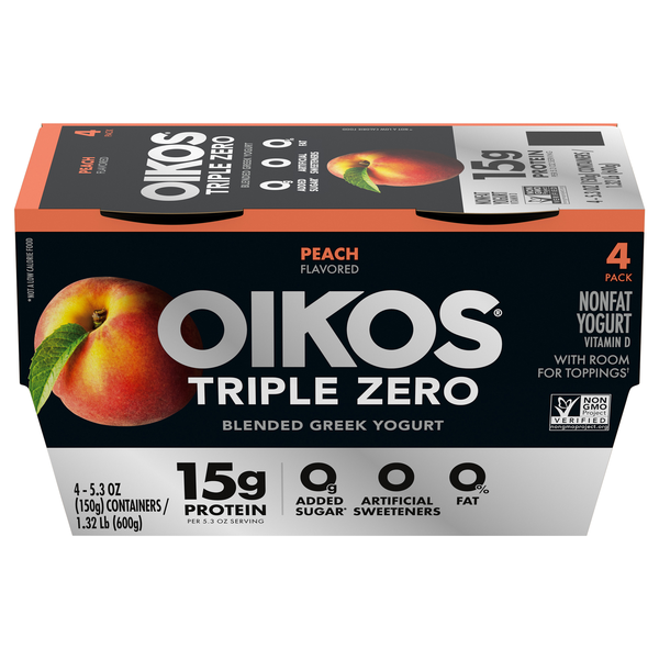 Oikos Triple Zero 15g Protein Non Fat Peach Blended Greek Yogurt Cup 4 ct