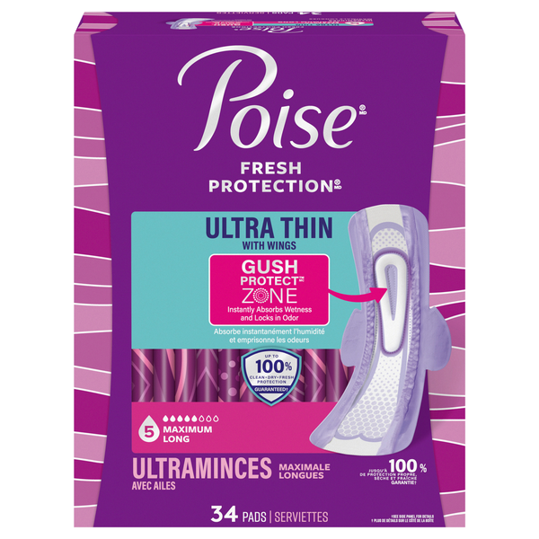 Poise Incontinence Pads Ultra Thins with Wings Maximum Long Length