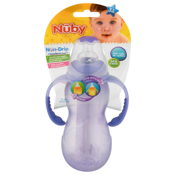 Nuby 11 oz Purple Non-Drip Standard Neck Bottle 3m+